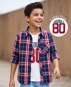 Pine Kids Cotton Woven Half Sleeves Checks Shirt With Printed T-Shirt - Multicolor