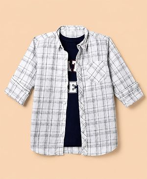 Pine Kids Cotton Woven Full Sleeves Checks Shirts & Text Printed T-Shirt - White