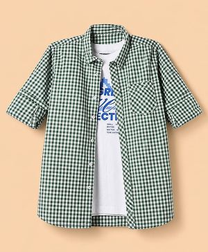 Pine Kids Cotton Woven Checks Twofer Shirt with Full Sleeves - Green