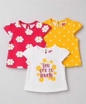 Babyhug 100% Cotton Knit Half Sleeves Floral & Polka Dots Printed T-Shirts Pack Of 3 - Red Yellow & White