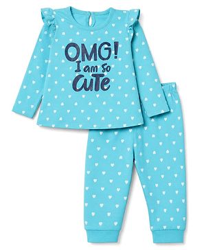 Babyhug 100% Cotton Knit Full Sleeves T-Shirt & Pyjama Night Suit with Heart & Text Print - Aqua Blue