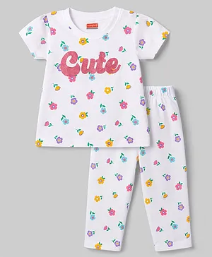 Babyhug Cotton Knit Half Sleeves
                              T-Shirt & Pyjama Night Suit With
                              Floral Print - White