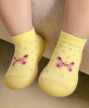 Cute Walk by Babyhug Slip On Sock Shoes With Butterfly & Polka Dots Design - Yellow