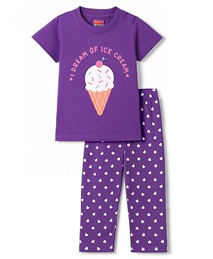 Babyhug 100% Cotton Knit Half Sleeves T-Shirt & Pajama Night Suit with IceCream & Heart Print - Purple