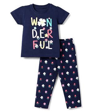 Babyhug 100% Cotton Knit Half sleeves T-Shirt & Pyjama Night Suit With Floral & Text Print - Navy Blue