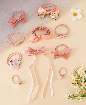 Babyhug Free Size Hair Rubber Bands with Bow , Flower Applique pack of 10 - Peach
