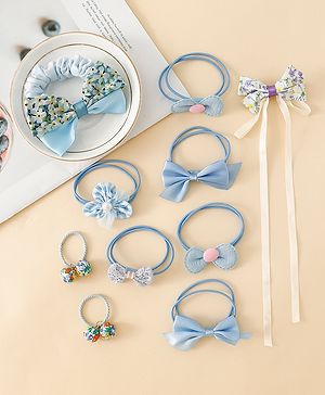 Babyhug Free Size Hair Rubber Bands with Bow, Flower Applique pack of 10 - Blue