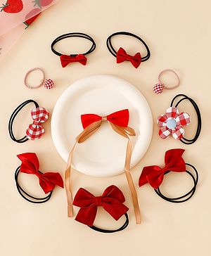 Babyhug Free Size Hair Rubber Bands with Bow, Flower Applique pack of 10 - Red