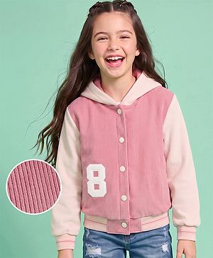 Pine Kids Woven Full Sleeves Hooded Bomber Jacket with Number 8 Applique - Pink