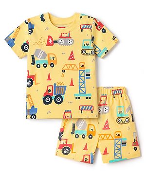 Babyhug Cotton Knit Half Sleeves T-Shirt & Shorts Co-Ord Night Suit With Vehicle Print - Yellow