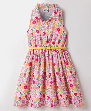 Hola Bonita Woven Sleeveless
                                  Floral Printed Frock With Belt -
                                  Multicolor