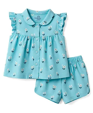 Doodle Poodle Single Jersey Knit
                              Frill Sleeves Top & Shorts Co-Ords
                              Night Suit with Floral Print - Turquoise