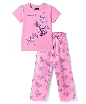 Pine Kids Cotton Knit Half Sleeves Hearts Printed Top & Pyjama Night Suit - Pink