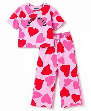 Pine Kids Cotton Knit Full Sleeves Co-Ords T-Shirt & Pajama Night Suit with Heart & Text Print- Pink