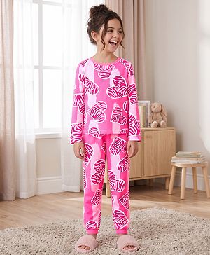 Pine Kids Cotton Knit Full Sleeves Co-Ords T-Shirt & Pyjama Night Suit With Heart Print - Pink