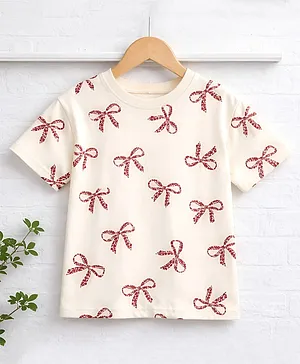 Googo Gaaga Cotton Knit Half Sleeves
                              Bow Knot Printed Tee - Off White
