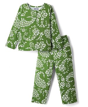 Pine Kids 100% Cotton Knit Full Sleeves Floral Printed Co-Ords T-Shirt & Pyjama Night Suit - Green