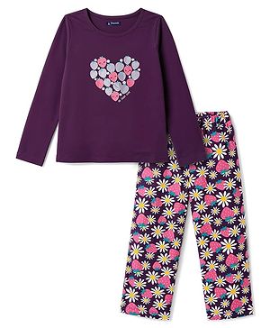 Pine Kids Cotton Knit Full Sleeves Heart & Floral Printed T-Shirt & Pajama Night Suit - Purple