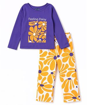 Pine Kids Cotton Knit Full Sleeves Floral Printed T-Shirt & Pajama Night Suit - Blue