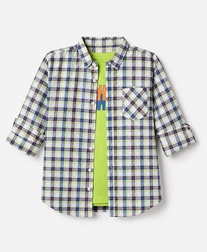 Pine Kids 100% Cotton Woven Full Sleeves Checks Shirts and T-Shirt With High Five Print - Green