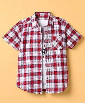 Pine Kids 100% Cotton Woven Half Sleeves Shirt and Tank Top Set with Best Together Text Print - Red