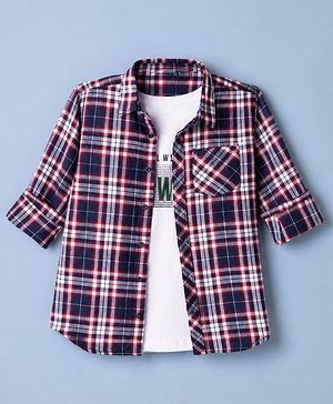 Pine Kids 100% Cotton Woven Full Sleeves Checks Shirts and T-Shirt With Always Foward Text Print - Red