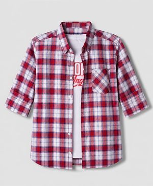 Pine Kids 100% Cotton Woven Full Sleeves Checked Shirt and T-shirt with California Text Print - Red