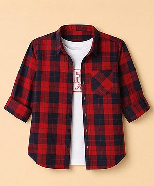 Pine Kids 100% Cotton Woven Full Sleeves Shirts with T-Shirt & Best Together As One Team Text Print - Orange