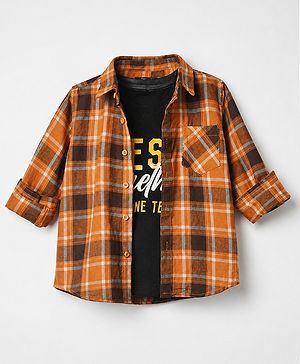 Pine Kids 100% Cotton Woven Full Sleeves Checks Shirts and T-Shirt With Best Together As One Team Text Print - Orange