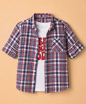 Pine Kids 100% Cotton Woven Half Sleeves Checked Shirt and T-Shirt with Inspire Someone Today Text Print in Red
