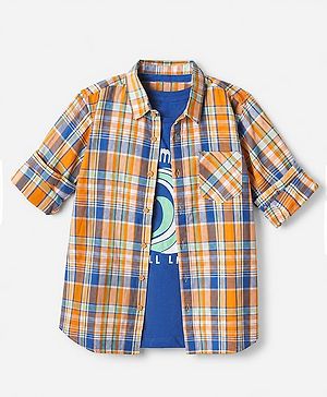 Pine Kids 100% Cotton Woven Half Sleeves Checked Shirt and T-Shirt with Happiness Comes In Wave Text Print in Orange