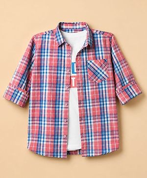 Pine Kids 100% Cotton Woven Full Sleeves Checks Shirts and T-Shirt With Lets Play Together Text Print - Pink