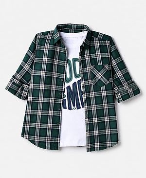 Pine Kids 100% Cotton Woven Full Sleeves Checked Shirt and Tank Top with Good Times Print - Green