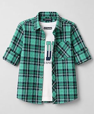 Pine Kids Cotton Woven Full Sleeves Checks Shirt with Tank T-Shirt - Green