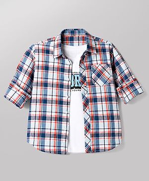 Pine Kids Cotton Woven Half Sleeves Twofer Shirt with Checks Print - Blue