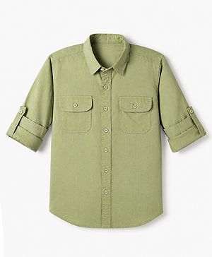 Pine Kids 100% Cotton Woven Roll Up Sleeves Solid Shirt in Olive Green for 4-5 Years
