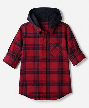 Pine Kids 100% Cotton Woven Full Sleeves Hooded Checked Shirt - Red