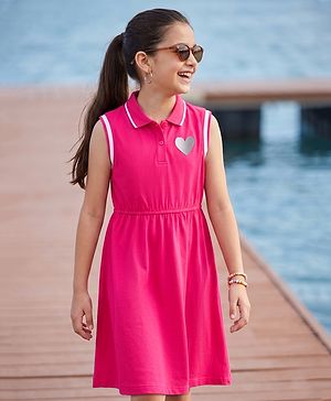 Pine Kids 100% Cotton Knit Sleeveless Hearts Printed Frock - Pink