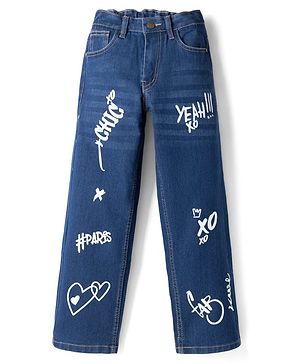 Pine Kids Cotton Blend Denim Woven Full Length Jeans with Slogan Print - Blue
