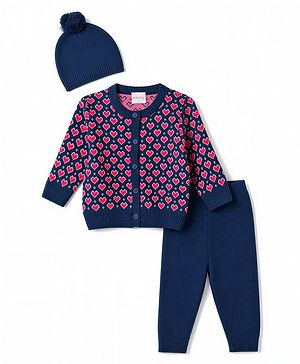 Babyhug Knit Full Sleeves Heart Designed Sweater Set with Cap  - Navy