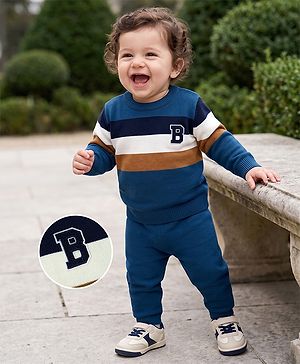 Babyhug Knit Full Sleeves Sweater Set with Colour Block Design - Navy