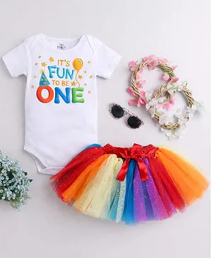 TINY MINY MEE Elastane Knit Half
                              Sleeves Its Fun To Be One Text Printed
                              Onesie With Net Tutu Skirt - Multi Colour