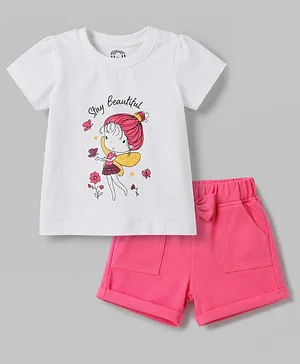 Doodle Poodle 100% Cotton Knit Half
                              Sleeves Floral & Butterfly Printed
                              T-Shirt & Shorts Set - White