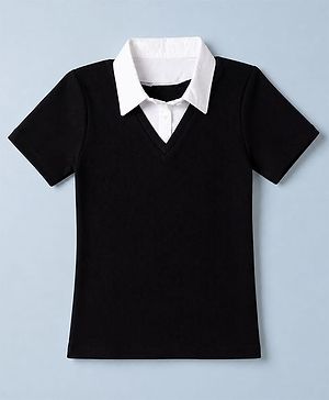 Pine Kids Cotton Knit Half Sleeves Solid Top in Black