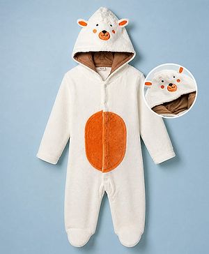 Babyhug Fur Woven Footed Hooded Winter Romper with Full Sleeves and Animal Face Applique - White