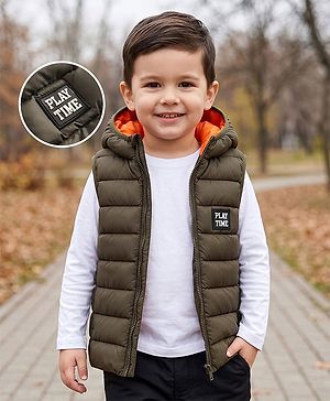 Babyhug Woven Sleeveless Solid Colour Padded Hooded Jacket - Olive