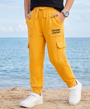 Pine Kids Knit Full Length Lounge Pant With Cargo Pockets & Text Print - Yellow