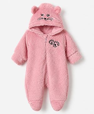 Babyhug Fur Woven Romper with Full Sleeves, Cat Face Embroidery and Footie Length in Pink