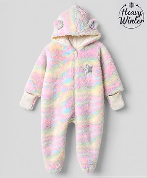 Babyhug Fur Woven Full Sleeves Winter Wear Romper With Star Patch - Pink