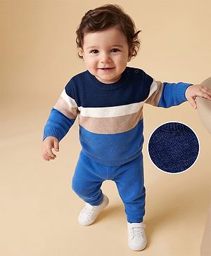 Babyhug Knit Full Sleeves Colour Block Striped Sweater Set - Blue